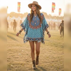 🕧 Tolani | Floral V-Neck Kaftan Poncho Tunic | Mandarin Collar | Blue Multi | XS